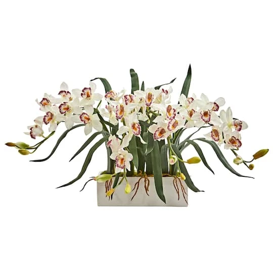 15" White Boat Orchid Arrangement In White Vase 4 15" White Boat Orchid Arrangement In White Vase - Image 2