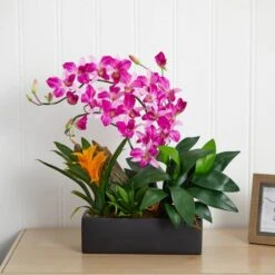 23.5" Purple Pigeon Orchid & Bromeliad Arrangement In Black Rectangle Planter -Michaels Shop D292618S 16