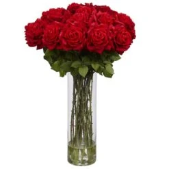 2.5ft. Giant Rose Silk Flower Arrangement In Glass Cylinder Vase