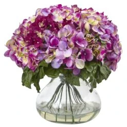 14.5" Pink Hydrangea Arrangement In Glass Vase