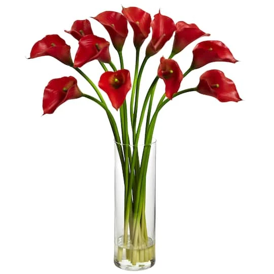20" Mini Calla Lily Arrangement In Tall Vase, Red 3 20" Mini Calla Lily Arrangement In Tall Vase, Red