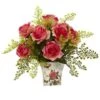 13" Dark Pink Rose & Maiden Hair Arrangement In Floral Planter
