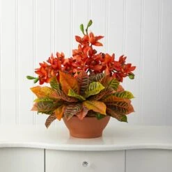 18" Boat Orchid & Croton Floral Arrangement In Terra Cotta Vase -Michaels Shop D292759S 3