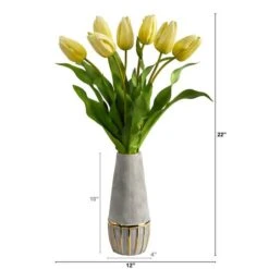 22" Yellow Dutch Tulip Arrangement In Gold Trim Stoneware Vase -Michaels Shop D292773S 2
