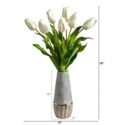 22" White Dutch Tulip Arrangement In Gold Trim Stoneware Vase -Michaels Shop D292775S 2