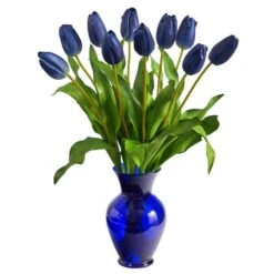 22" Blue Dutch Tulip Arrangement In Blue Vase
