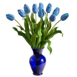 22" Light Blue Dutch Tulip Arrangement In Blue Vase