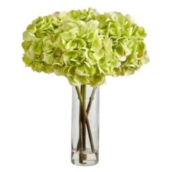 18" Green Hydrangea Arrangement In Glass Vase