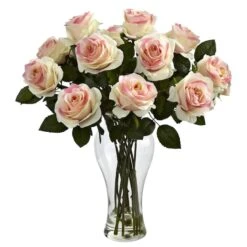 18" Blooming Light Pink Roses In Decorative Vase