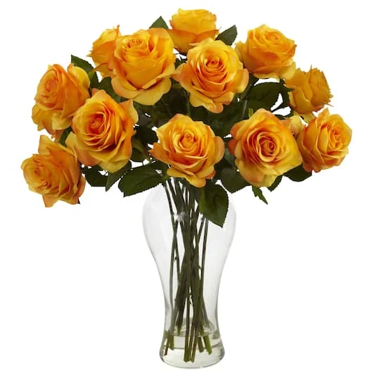 18" Blooming Orange Yellow Roses In Decorative Vase 3 18" Blooming Orange Yellow Roses In Decorative Vase