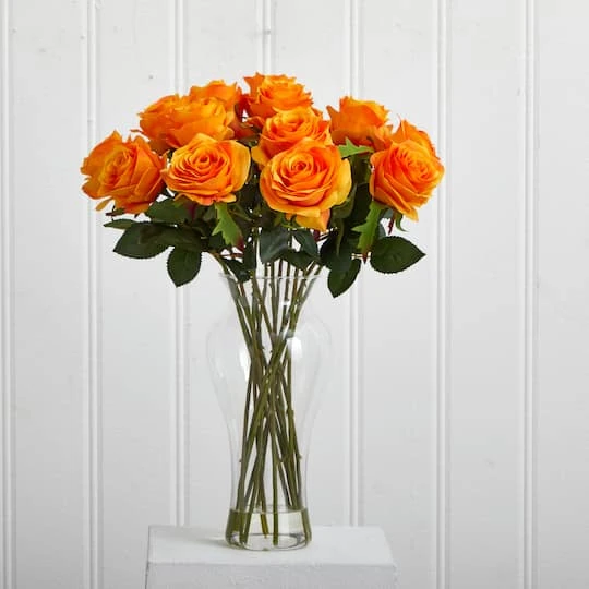 18" Blooming Orange Yellow Roses In Decorative Vase 7 18" Blooming Orange Yellow Roses In Decorative Vase - Image 5