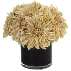11" Cream Dahlia & Mum Silk Arrangement In Black Glossy Cylinder Vase