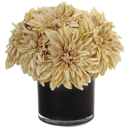 11" Cream Dahlia & Mum Silk Arrangement In Black Glossy Cylinder Vase 3 11" Cream Dahlia & Mum Silk Arrangement In Black Glossy Cylinder Vase