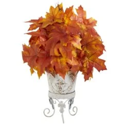 20" Orange Autumn Maple Leaf Plant In Metal Planter