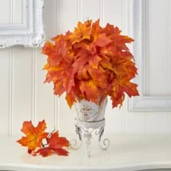 20" Orange Autumn Maple Leaf Plant In Metal Planter -Michaels Shop D323959S 3