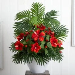 2.2ft. Red Hibiscus & Areca Palm Artificial Plant In White Bowl -Michaels Shop D350216S 13