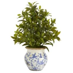 28" Coffee Leaf Artificial Plant In Vintage Floral Planter (Real Touch)