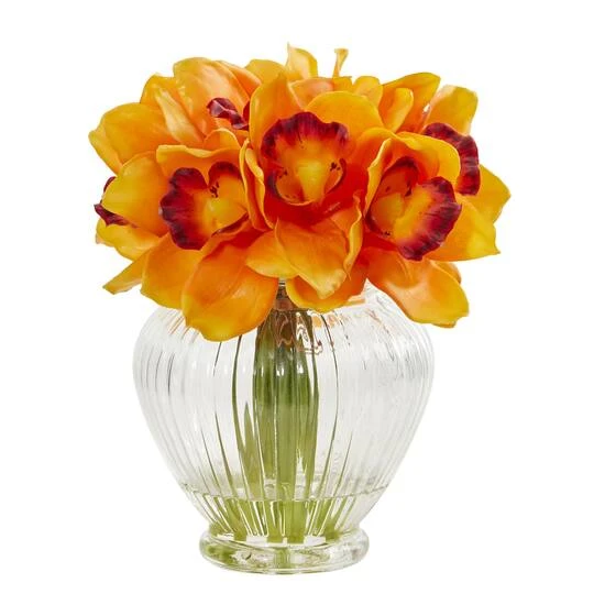 9" Boat Orange Orchid Arrangement In Glass Vase 4 9" Boat Orange Orchid Arrangement In Glass Vase - Image 2