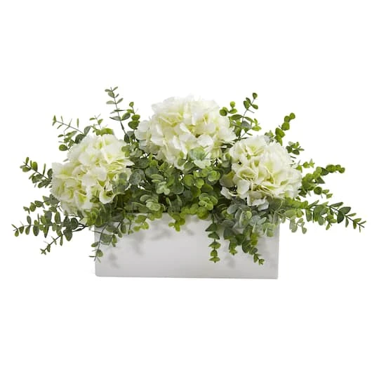 15" Hydrangea & Eucalyptus Artificial Arrangement In White Vase 3 15" Hydrangea & Eucalyptus Artificial Arrangement In White Vase