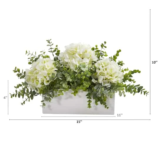 15" Hydrangea & Eucalyptus Artificial Arrangement In White Vase 5 15" Hydrangea & Eucalyptus Artificial Arrangement In White Vase - Image 3