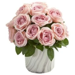 Rose Artificial Arrangement In Marble Finish Vase