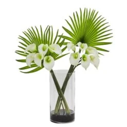 2.2ft. Calla Lily & Fan Palm Artificial Arrangement In Cylinder Glass Vase Cream