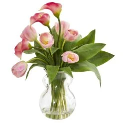 19" Calla Lily & Tulips Artificial Arrangement In Decorative Clear Vase Pink And White -Michaels Shop D386979S 11 1
