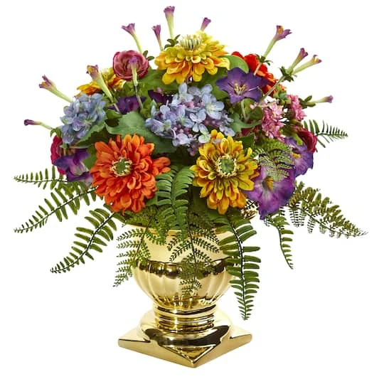 14" Mixed Floral Artificial Arrangement In Gold Urn 4 14" Mixed Floral Artificial Arrangement In Gold Urn - Image 2