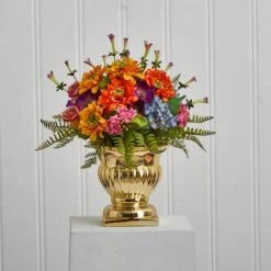 14" Mixed Floral Artificial Arrangement In Gold Urn 11 14" Mixed Floral Artificial Arrangement In Gold Urn -Michaels Shop D387069S 14