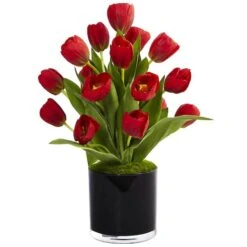 Tulips Silk Arrangement In Black Glossy Cylinder Vase