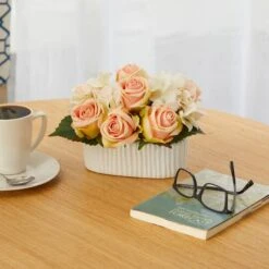 7" Rose And Hydrangea Artificial Arrangement In White Vase 9 7" Rose And Hydrangea Artificial Arrangement In White Vase -Michaels Shop D388050S 3
