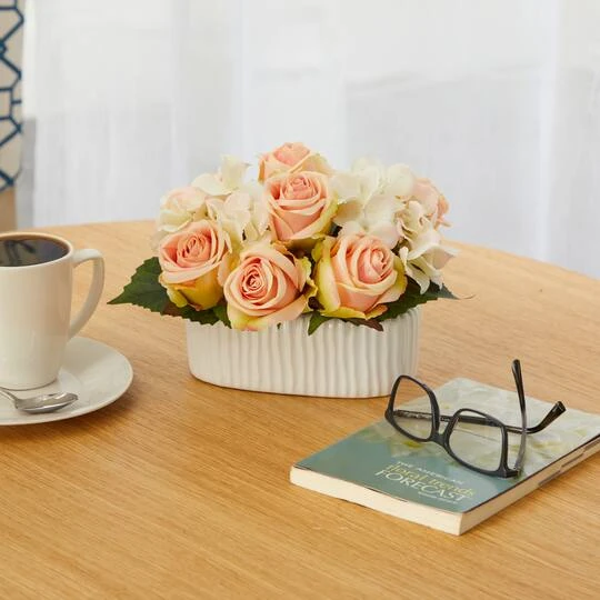 7" Rose And Hydrangea Artificial Arrangement In White Vase 6 7" Rose And Hydrangea Artificial Arrangement In White Vase - Image 4