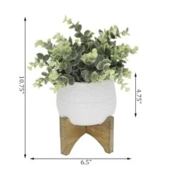 Flora Bunda® 4.7" Eucalyptus In Matte White Mayan Ceramic Pot On Wood Stand -Michaels Shop D511317S 2