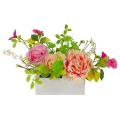 Northlight 14'' Pink And Yellow Artificial Roses And Peony FloralArrangement In Planter